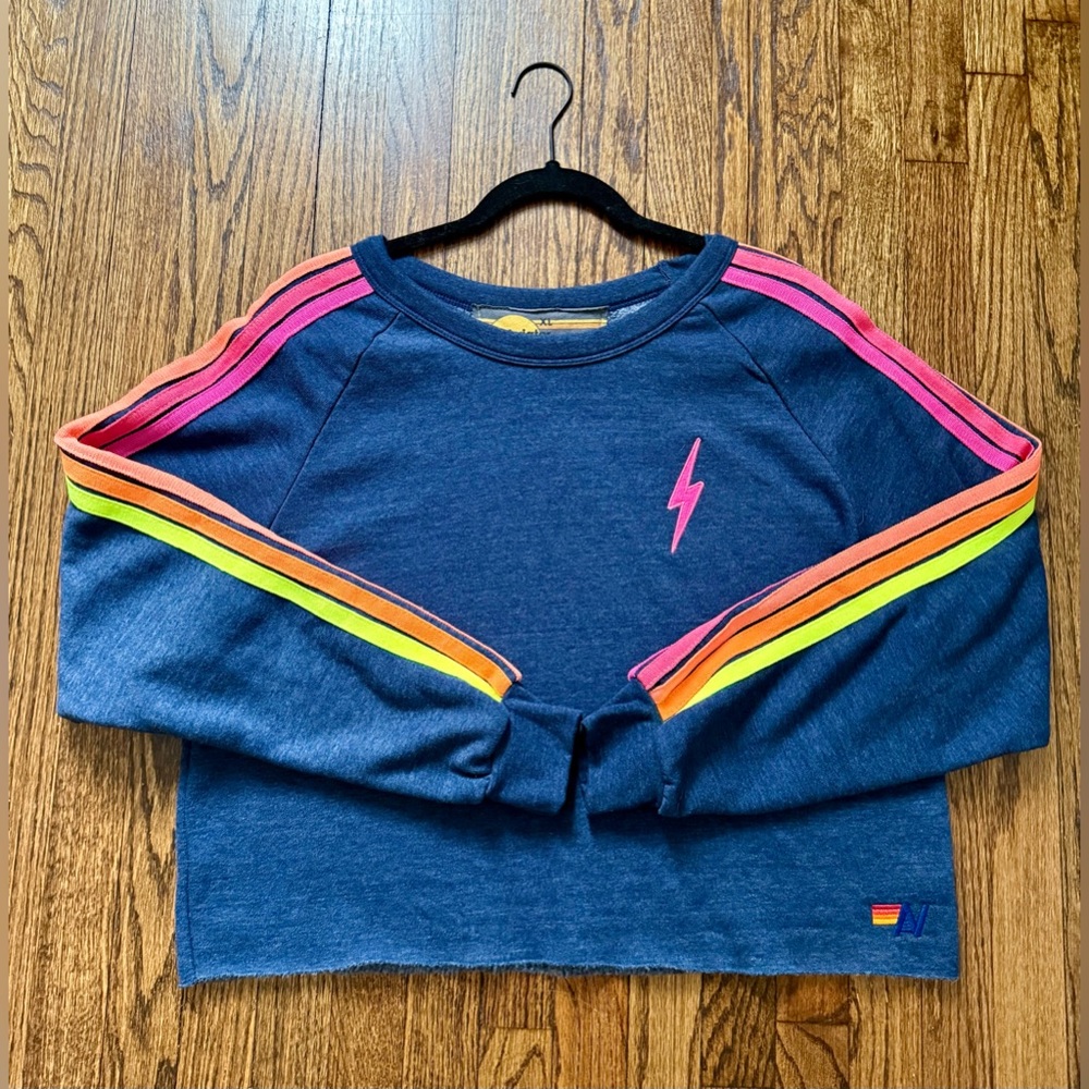 Aviator Nation Bolt Cropped Classic Crewneck in Heather Navy Neon - Picture 3 of 8